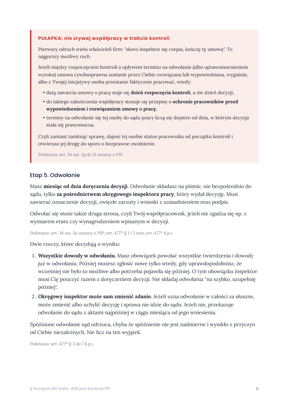 Strona poradnika opisująca pułapkę zerwania współpracy w trakcie kontroli