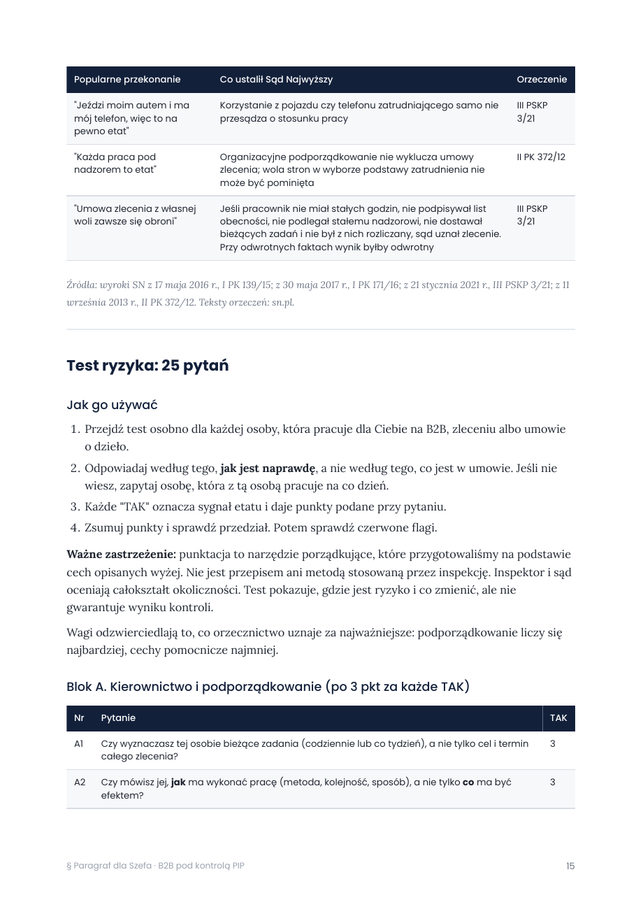 Strona z testem ryzyka i pytaniami o kierownictwo